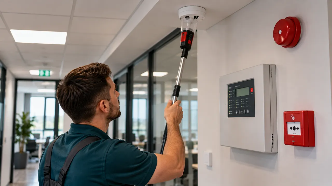 Tehnician testând un detector de fum din tavanul unui birou