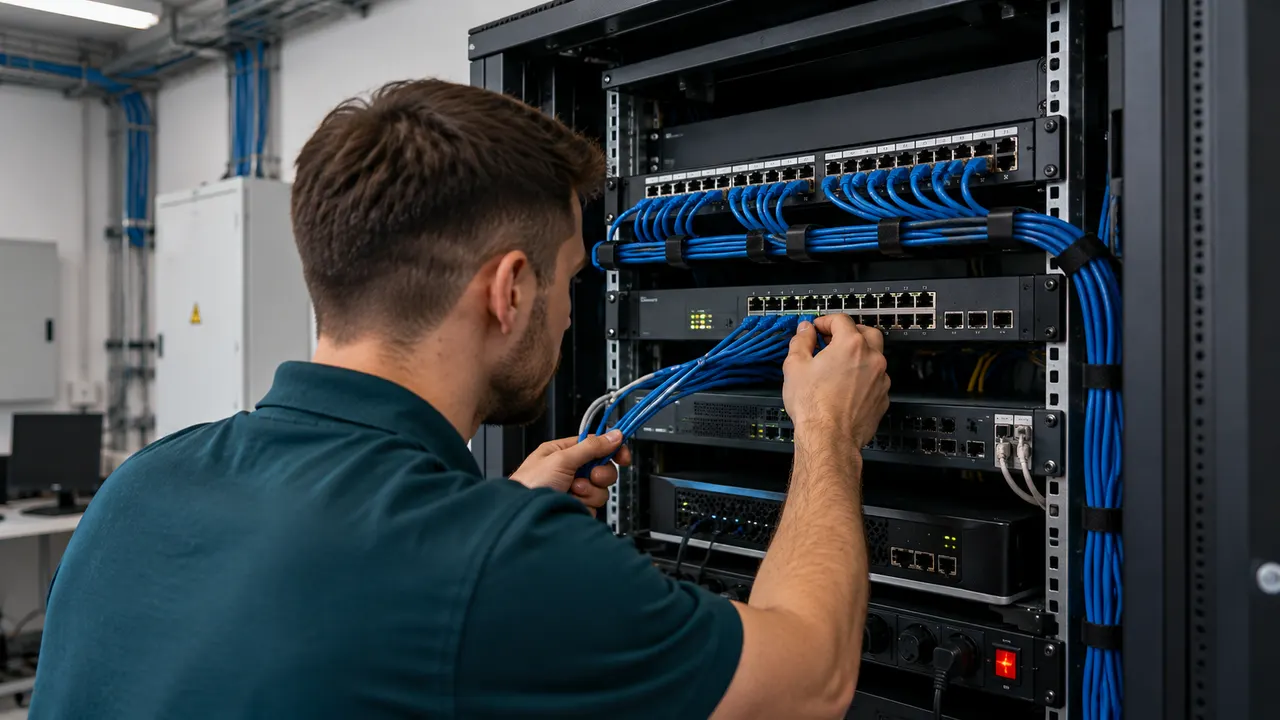 Tehnician conectând cabluri de rețea într-un dulap rack